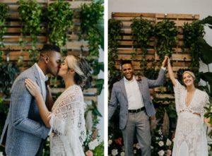 Boho Neutral Styled Shoot | Bohemian Bride in Vintage Lace and Fringe Short Sleeve Wedding Dress, Groom in Gray Plaid Suit Exchanging Vows | Unique St. Pete Wedding Venue Wild Roots Nursery | Wedding Planner Elope Tampa Bay | Amber McWhorter Photography