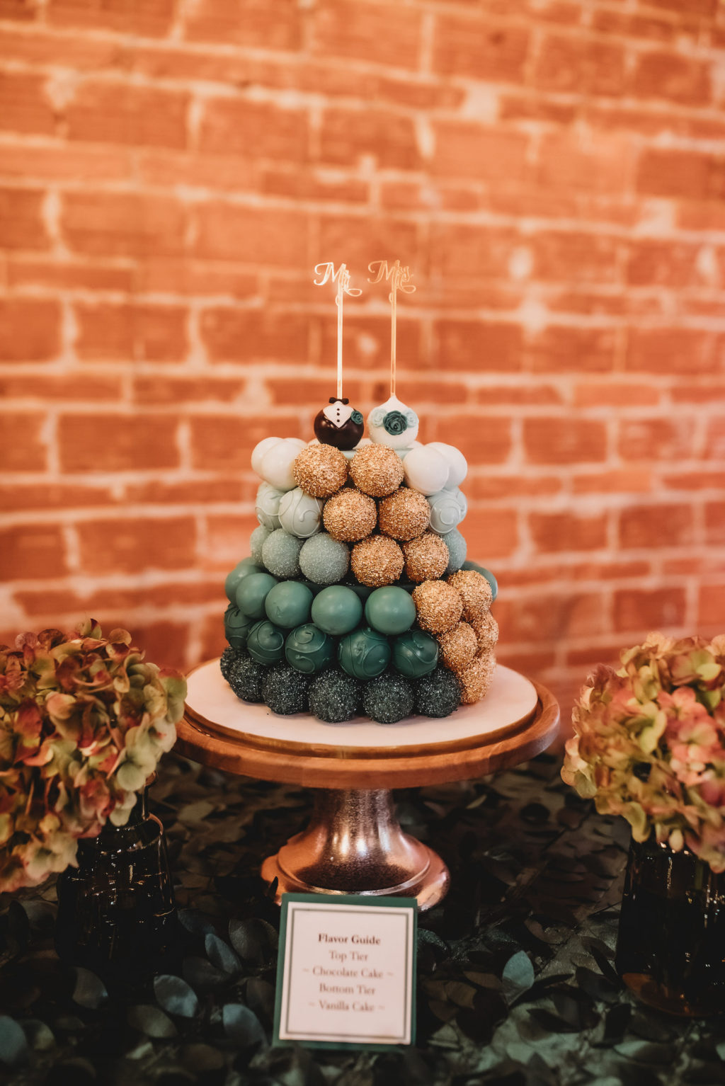 Florida Greenery Inspired Dessert Table with Dark Green Ombre with Gold Accents Tiered Cake Pop Display | Tampa Bay Wedding Cake Pop Artist and Baker Sweetly Dipped Confections | Unique Florida Wedding Venue NOVA 535