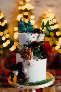 Tampa Christmas Wedding with Lit Christmas Tree Backdrop | Two Tier Buttercream Wedding Cake with Red and Gold Cafe au Lait Roses and Winter Greenery and Berries topped with Mini Christmas Tree Toppers