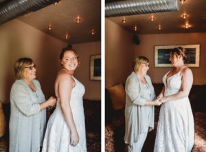 Tampa Bay Bride Putting on Wedding Dress With Mother, Wearing Blush By Hayley Paige Gown, Ivory Delta Gown Style 1751 | Unique Florida Wedding Venue in Downtown St. Petersburg NOVA 535 - Bridal Suite