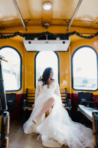 Bridal Portrait on Trolley | Long Sleeve Lace Plunging V Neck Tulle Ballgown Wedding Dress Bridal Gown with High Slit | Dewitt for Love Photography
