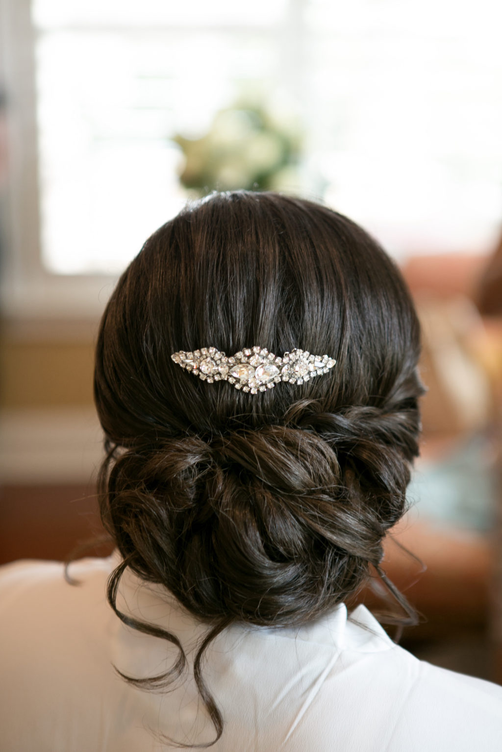 Wedding Bridal Hair Style Inspiration | Low Loose Chignon Bun with Loose Curls and Rhinestone Comb | Tampa Hair and Makeup Artist Michele Renee The Studio