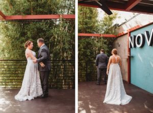 Downtown St. Pete Bride and Groom First Look in Enchanted Tropical Inspired Bamboo Garden, Florida Bride Wearing Blush By Haylee Paige | Unique Tampa Bay Wedding Venue NOVA 535 - Second Floor Balcony