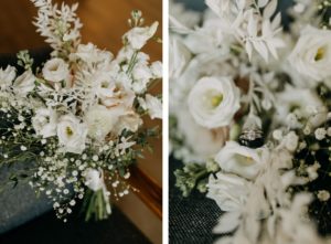 All White Floral Bouquet, Oval Diamond Engagement Ring | Tampa Bay Wedding Photographer Amber McWhorter | Wedding Planner Elope Tampa Bay