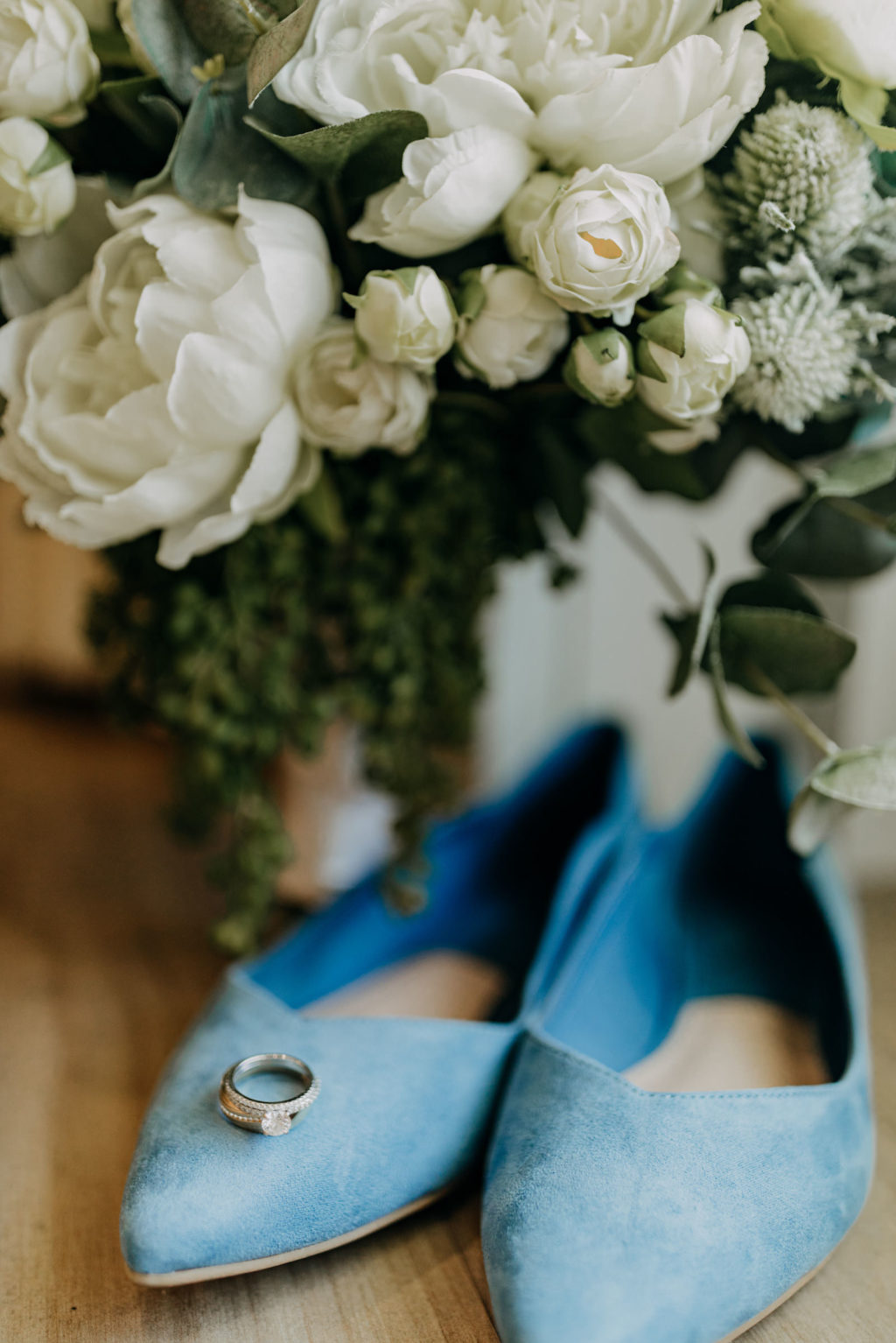 Bride Something Blue Pointed Velvet Wedding Shoes, Round Diamond Solitaire Engagement Ring, Classic White Floral Bouquet | Tampa Bay Wedding Photographer Amber McWhorter Photography