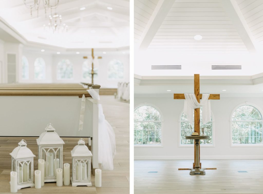 Traditional Wedding Ceremony Decor, White Lanterns with Candles, Wooden Cross at Altar | Safety Harbor Wedding Venue Harborside Chapel | Tampa Bay Wedding Photographer Amber McWhorter Photography