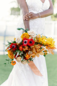 Autumn Inspired Florida Wedding Bouquet, Triadic Orange Color Palette, Red Posies, Yellow Flowers, Ivory Roses, Orange Florals with Dark Greenery | Tampa Bay Wedding Planner Coastal Coordinating, Jessica Zenobi