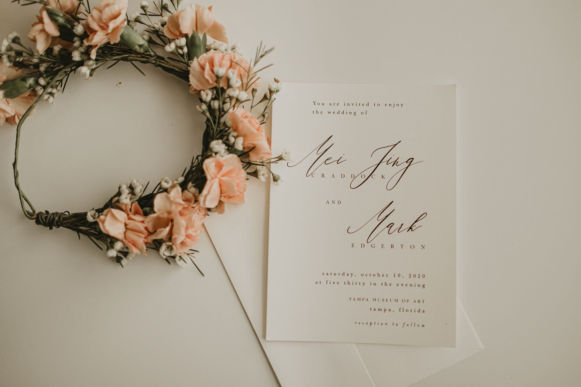 Minimalist Wedding Invitation with Calligraphy and Peach Pink Carnation Flower Crown Halo