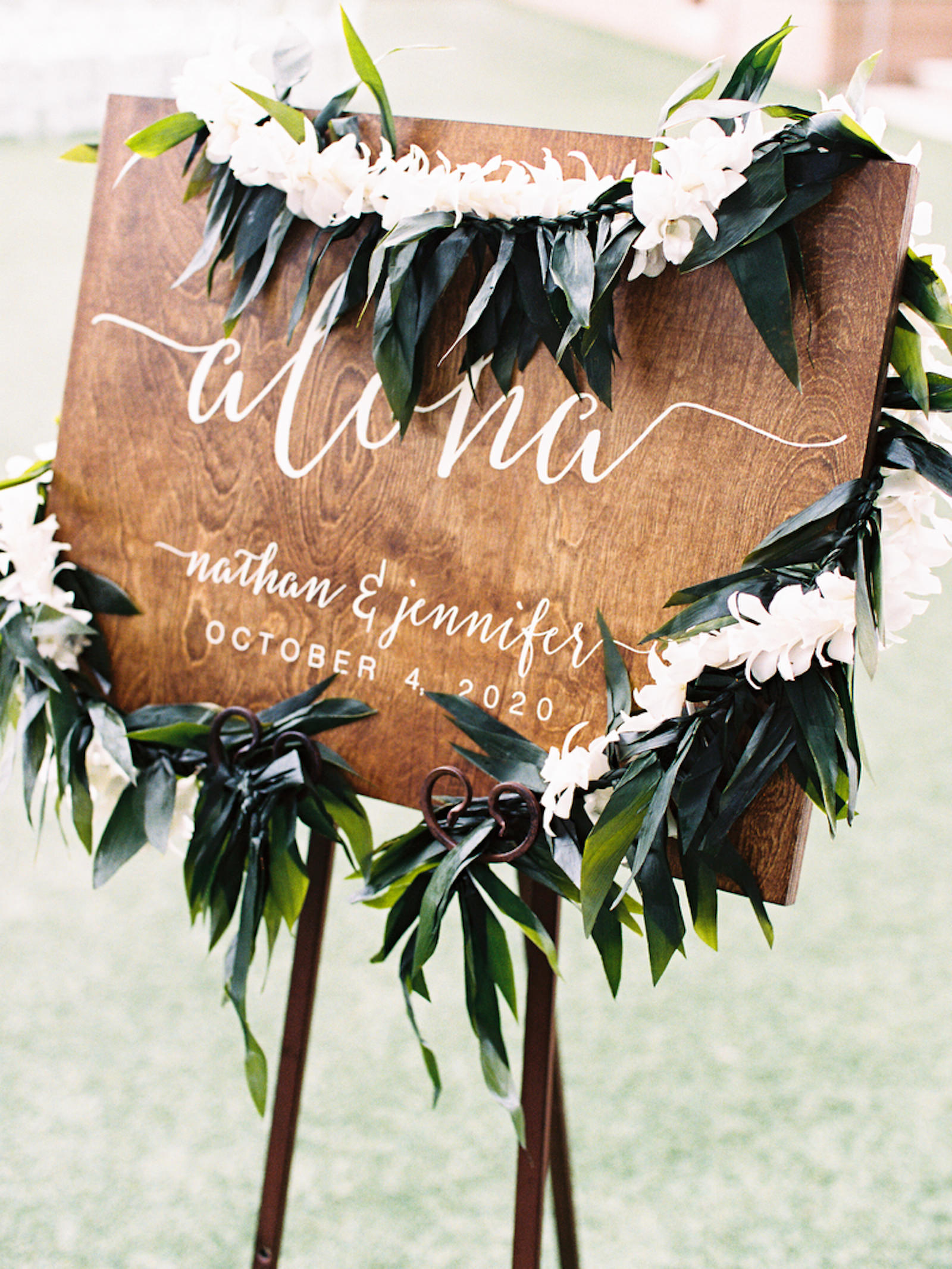 Tropical Wedding Ceremony Decor, Wooden Sign with White Font, Palm Leaves, White Flowers | Tampa Bay Wedding Planner Special Moments Event Planning