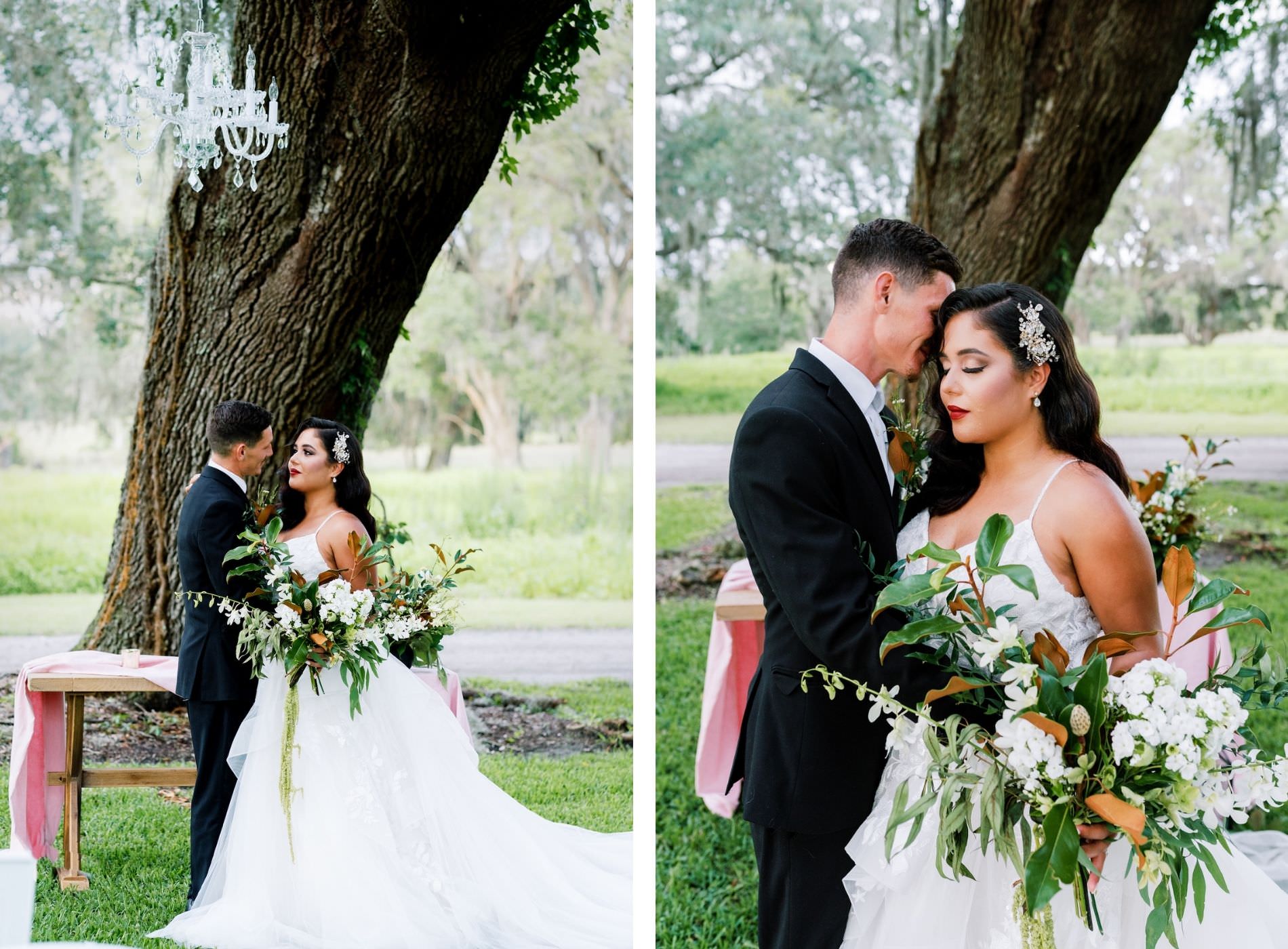 Vintage Inspired Outdoor Florida Wedding Ceremony with Bride and Groom at Two Sisters Ranch in Dade City, Bride holding Extravagant Magnolia Leaf Bouquet with White Florals, Wearing Hollywood Style Glam Hairstyle | Tampa Bay Luxury Wedding Planner EventFull Weddings