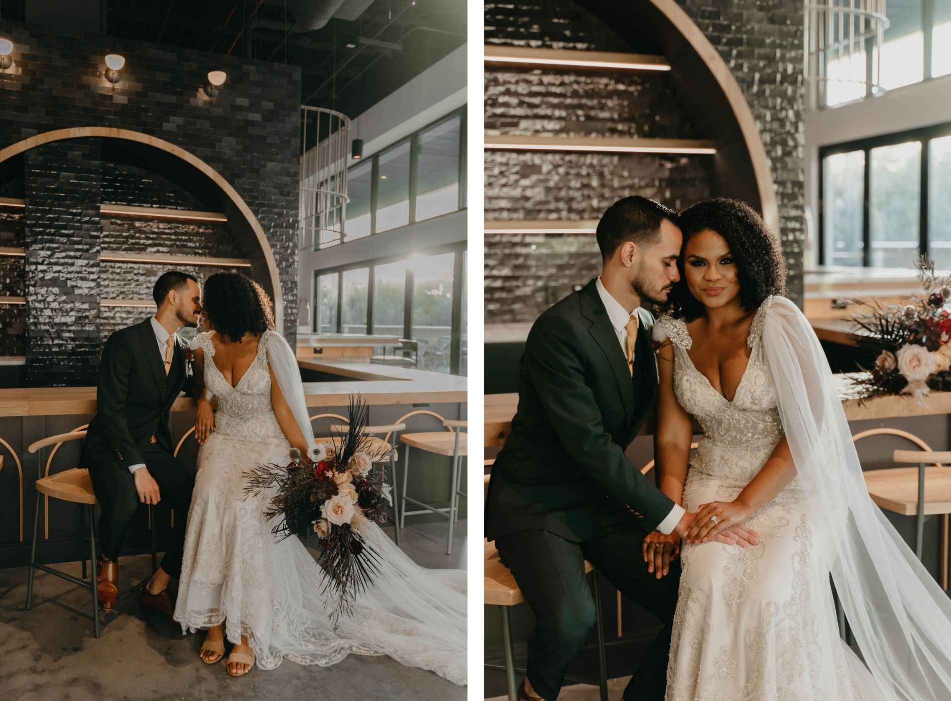 Indoor Bride and Groom Portrait in Tampa Wedding Venue Hyde House | Illusion Lace Embroidered Beaded V Neck Wedding Dress Bridal Gown with Sheer Tulle Cape Sleeves by Designer Amalia Carrara Bridal | Groom in Classic Black Tux Suit with Gold Tie