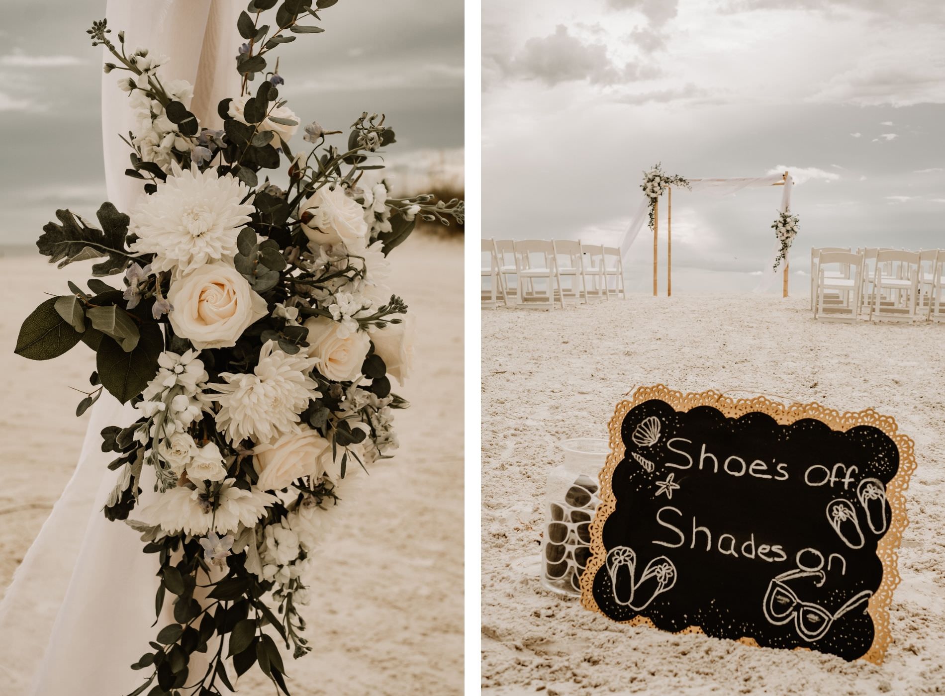Beach Wedding Ceremony Venue at Hilton Clearwater Beach | White Folding Garden Chairs and Bamboo Arch with Sheer Draping and Greenery Floral Arrangement Tie Backs with White Roses Chrysanthemums and Stock | Shoes Off Shades On Sign for Barefoot Beach Wedding with Sunglasses Favors