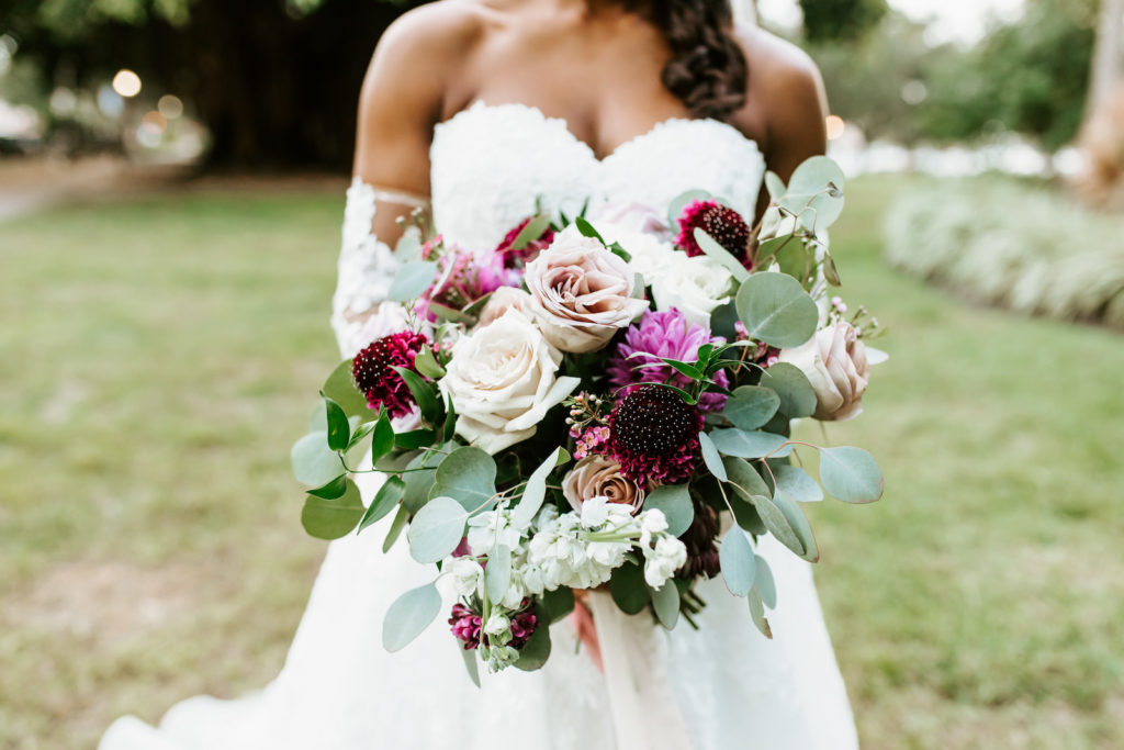 Natural Loose Wedding Bridal Bouquet with Pink Dahlia Ivory Cream Roses Burgundy Maroon Scabiosa and Eucalyptus Greenery