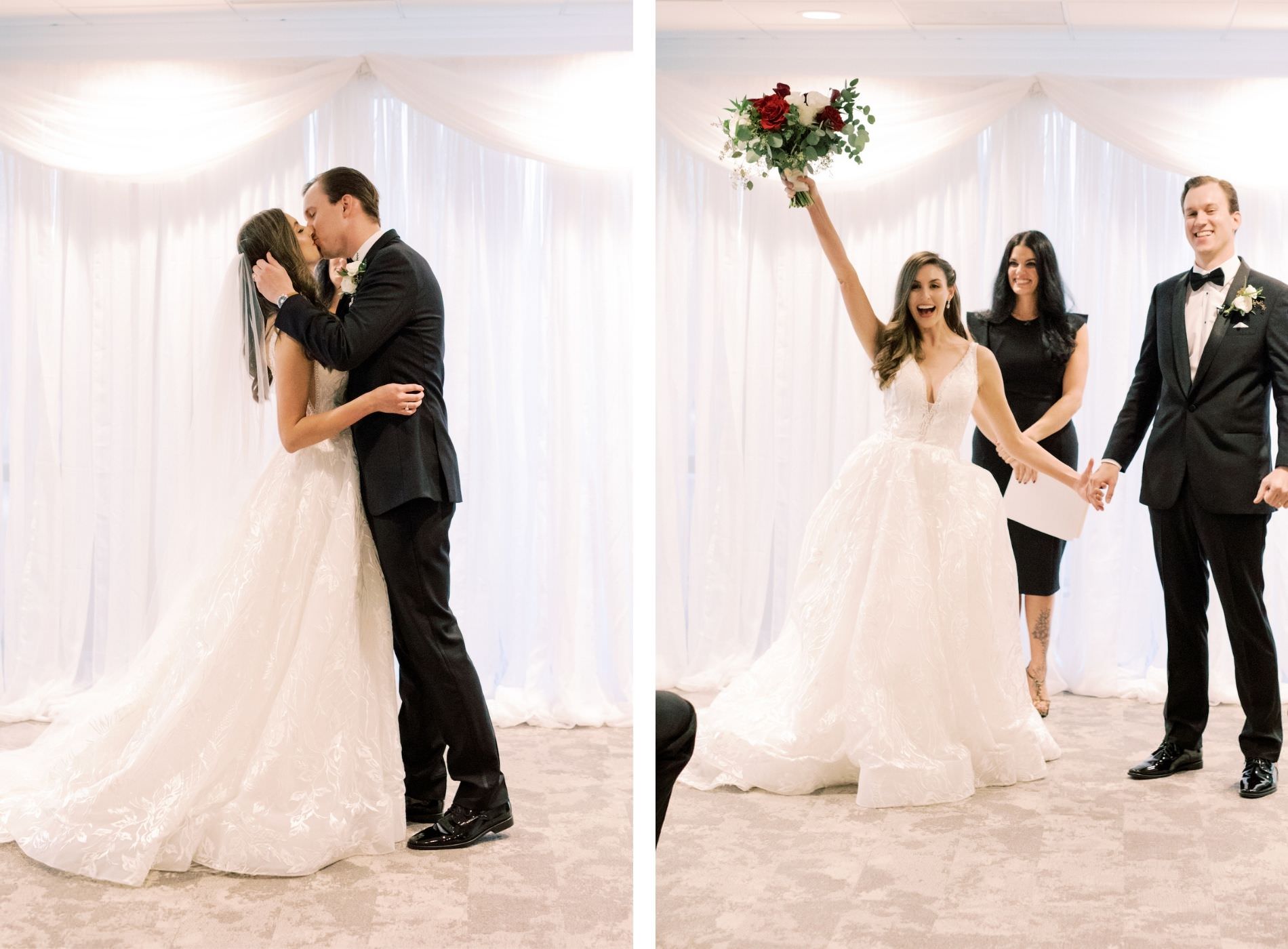 Bride and Groom First Kiss during Indoor Tampa Wedding Ceremony at Downtown Tampa Wedding Venue The Tampa Club | Pipe and Drape Ceremony Backdrop | V Neck Embroidered Illusion Panel Allure Couture Designer Wedding Dress Bridal Gown | Groom in Classic Black Suit Tux with Bow Tie