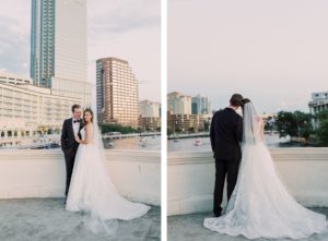 Urban Outdoor Bride and Groom Portrait in Streets of Downtown Tampa along Riverwalk | V Back Embroidered Illusion Panel Allure Couture Designer Wedding Dress Bridal Gown with Long Cathedral Veil | Groom in Classic Black Suit Tux with Bow Tie