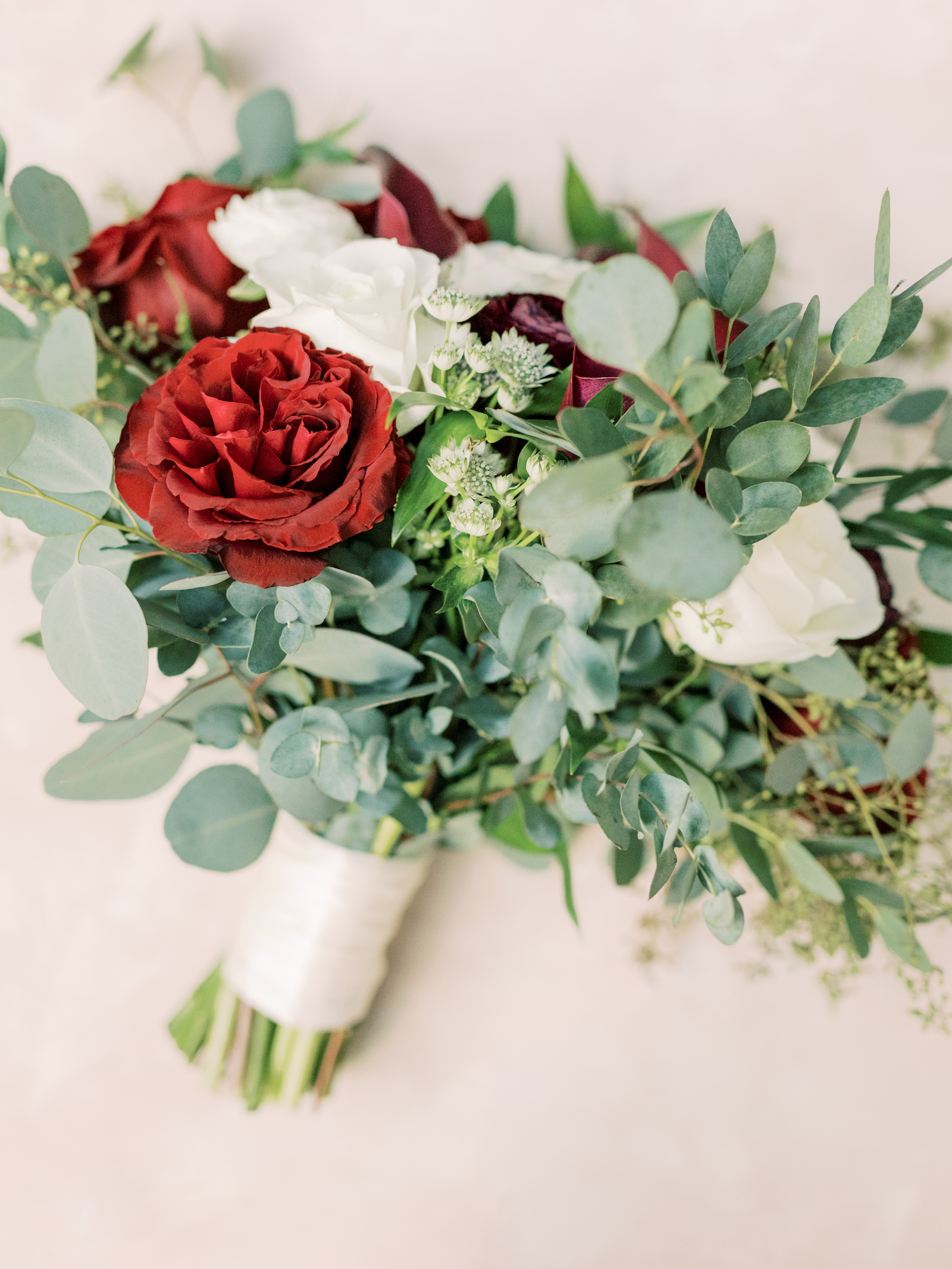 Fall Red White and Green Wedding Bridal Bouquet with Eucalyptus Greenery and Red and White Roses
