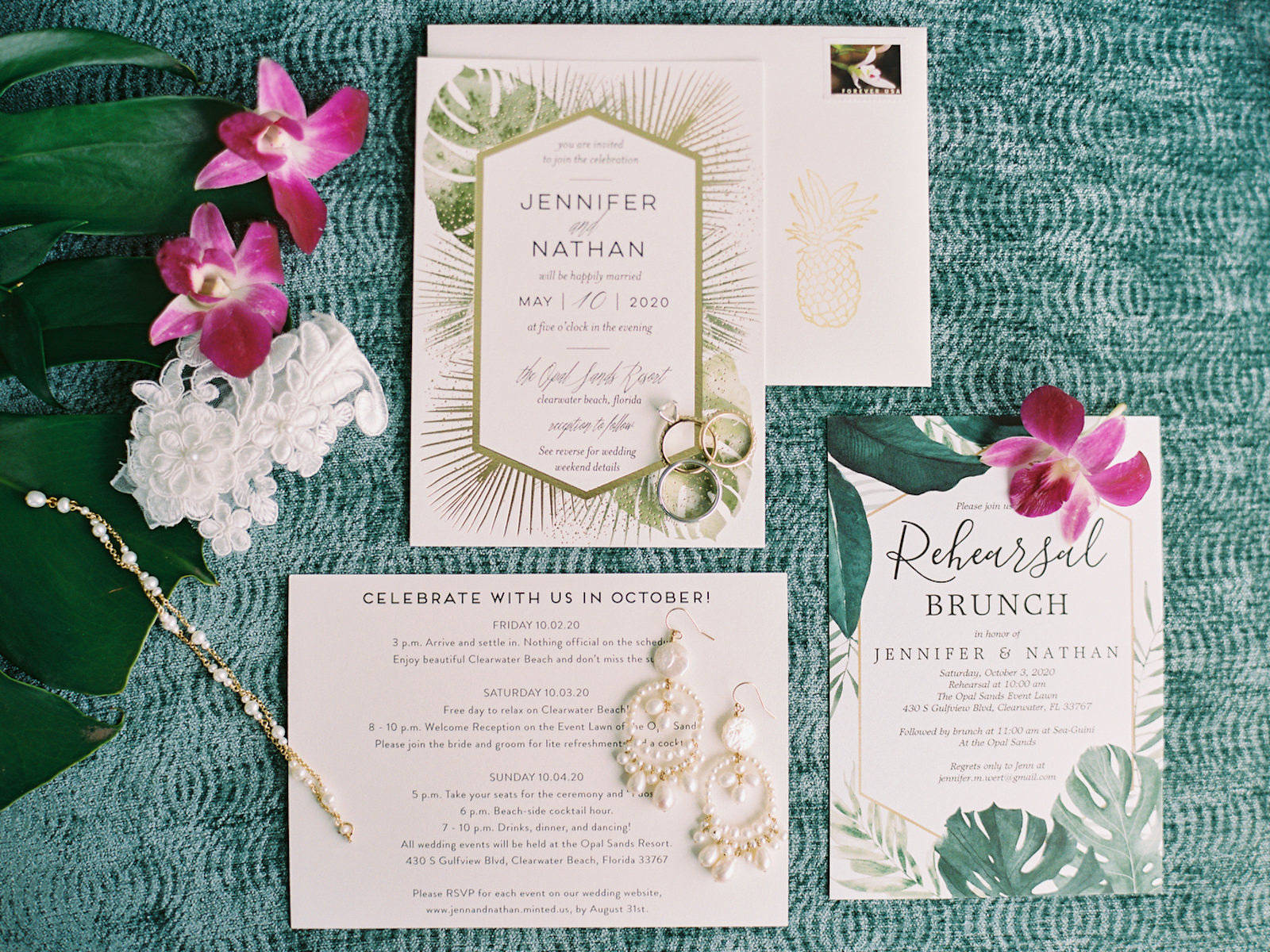 Tropical Elegant Wedding Invitation Suite with Watercolor Palm Tree Leaves and Bridal Jewelry Accessories