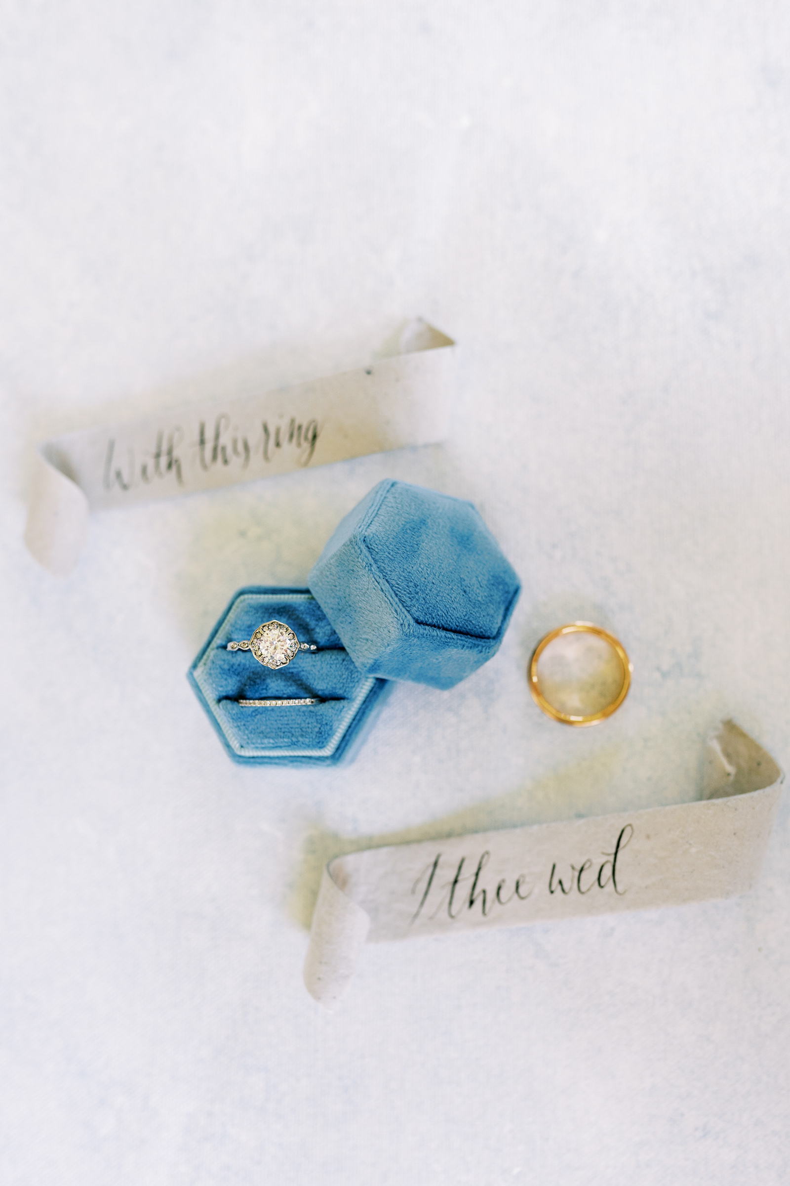 Vintage Inspired Bridal Details, Blue Velvet Ring Box with Round Diamond Engagement Ring, Details "With This Ring I Thee Wed" | Central Florida Luxury Wedding Planner EventFull Weddings