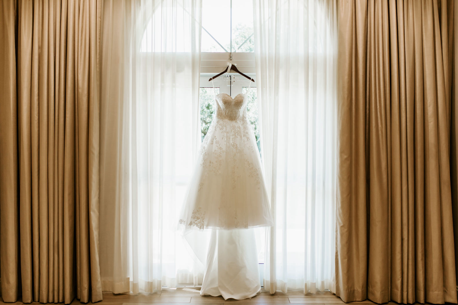 Wedding Dress Hanger Shot on Window | Ballgown A Line Lace Tulle Princess Wedding Dress with Sweetheart Neckline