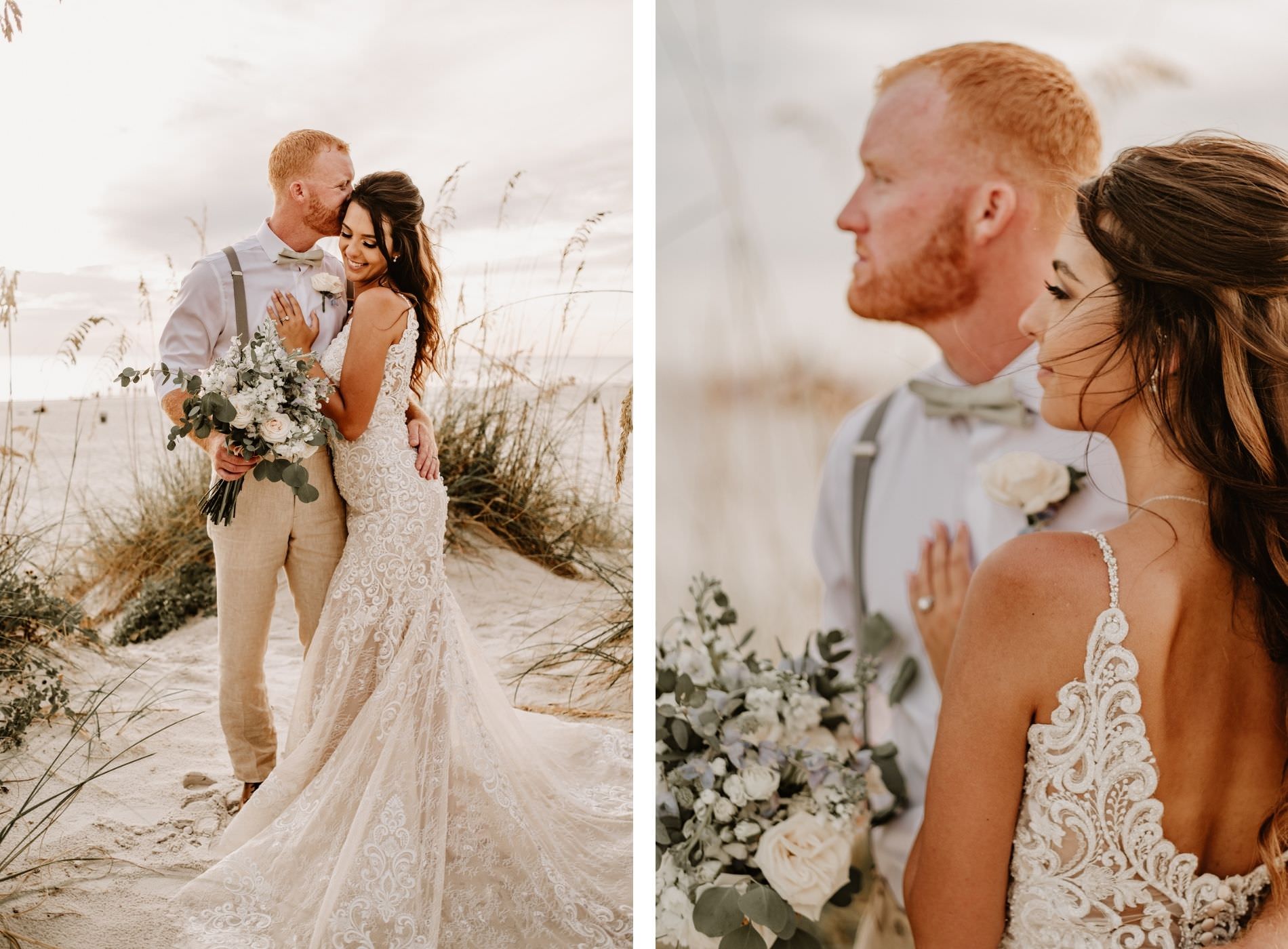 Outdoor Bride and Groom Portrait at Wedding Venue Hilton Clearwater Beach | Allure Bridals Lace Low Back Spaghetti Strap Sheath Bridal Gown Wedding Dress | Groom Wearing Khaki Pants and Grey Suspenders with White Shirt and Bow Tie | Natural Neutral Bridal Bouquet with Eucalyptus Greenery and White Roses
