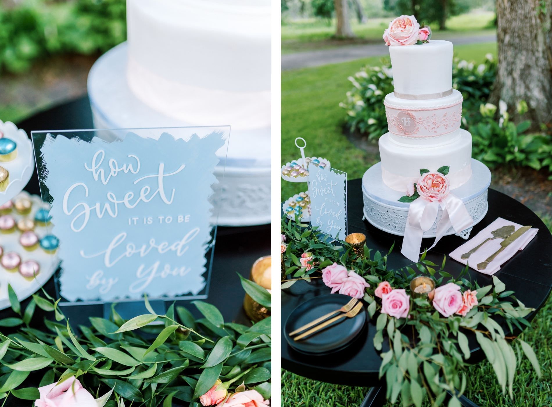 Outdoor Florida Wedding Reception Cake Table with Floral Garland