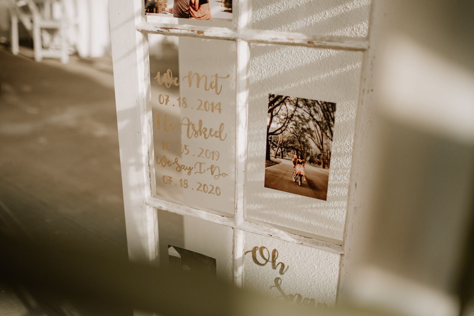 Wedding Sign Vintage Windowpane Love Story Timeline with Photos and Chalk Pen Calligraphy