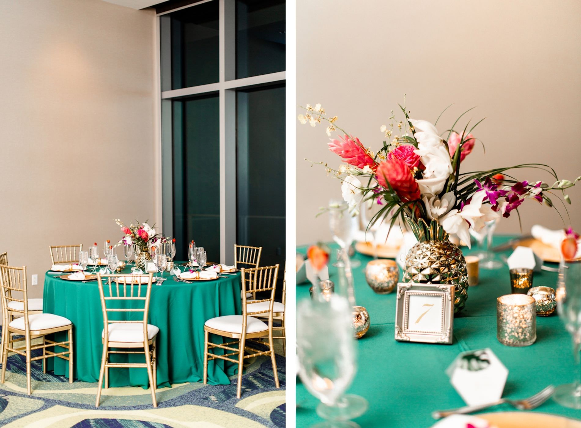 Tropical Elegant Wedding Reception Decor, Teal Tablecloth, Gold Chiavari Chairs, Gold Painted Pineapple with Pink Ginver, White and Purple Flowers, Gold Mercury Candles | Tampa Bay Wedding Planner Special Moments Event Planning | Clearwater Beach Opal Sands Resort