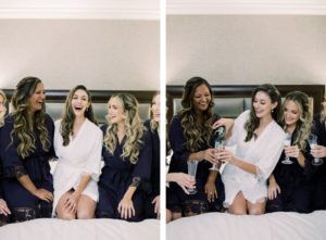 Bride and Bridesmaids Getting Ready in Navy Blue and White Robes with Flutes of Bubbly Champagne