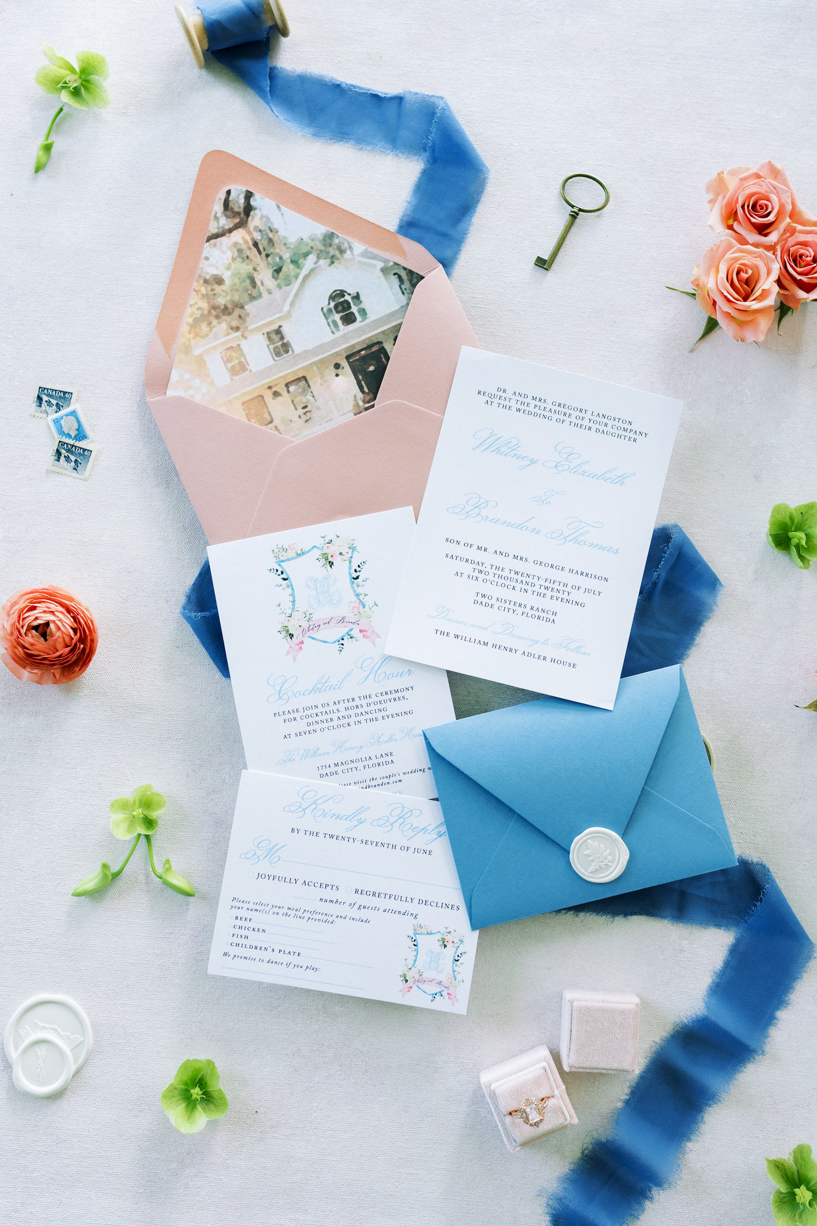 Southern Charm Inspired Wedding Invitation Suite, Blue Stationery with Blush Pink Envelope With Venue Image | Central Florida Luxury Wedding Planner EventFull Weddings