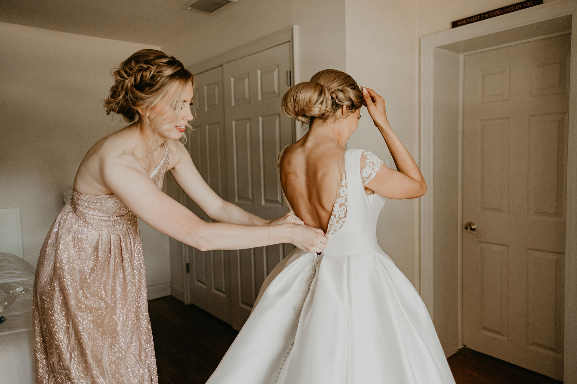 Bride Getting Dressed and Ready | Low Back Ballgown Wedding Dress | Champagne Blush Nude Pink Sequin One Shoulder Bridesmaid Dress