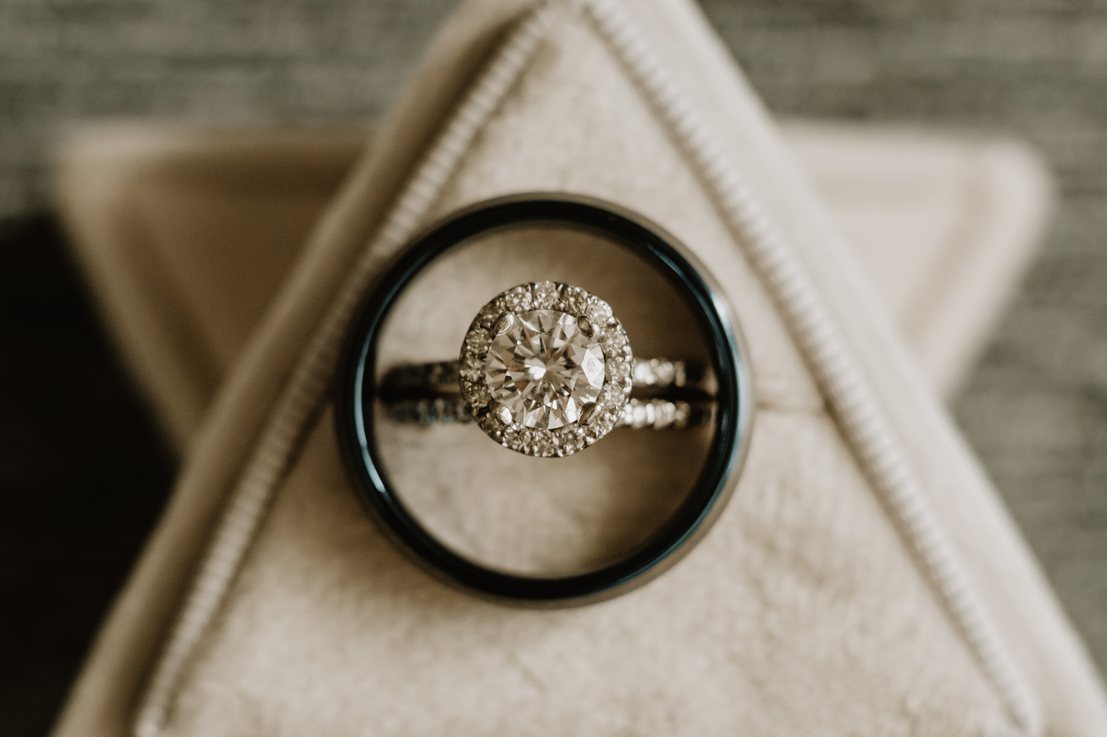 Wedding Ring Shot | Round Diamond Engagement Ring with Halo and Channel Set Diamond Band