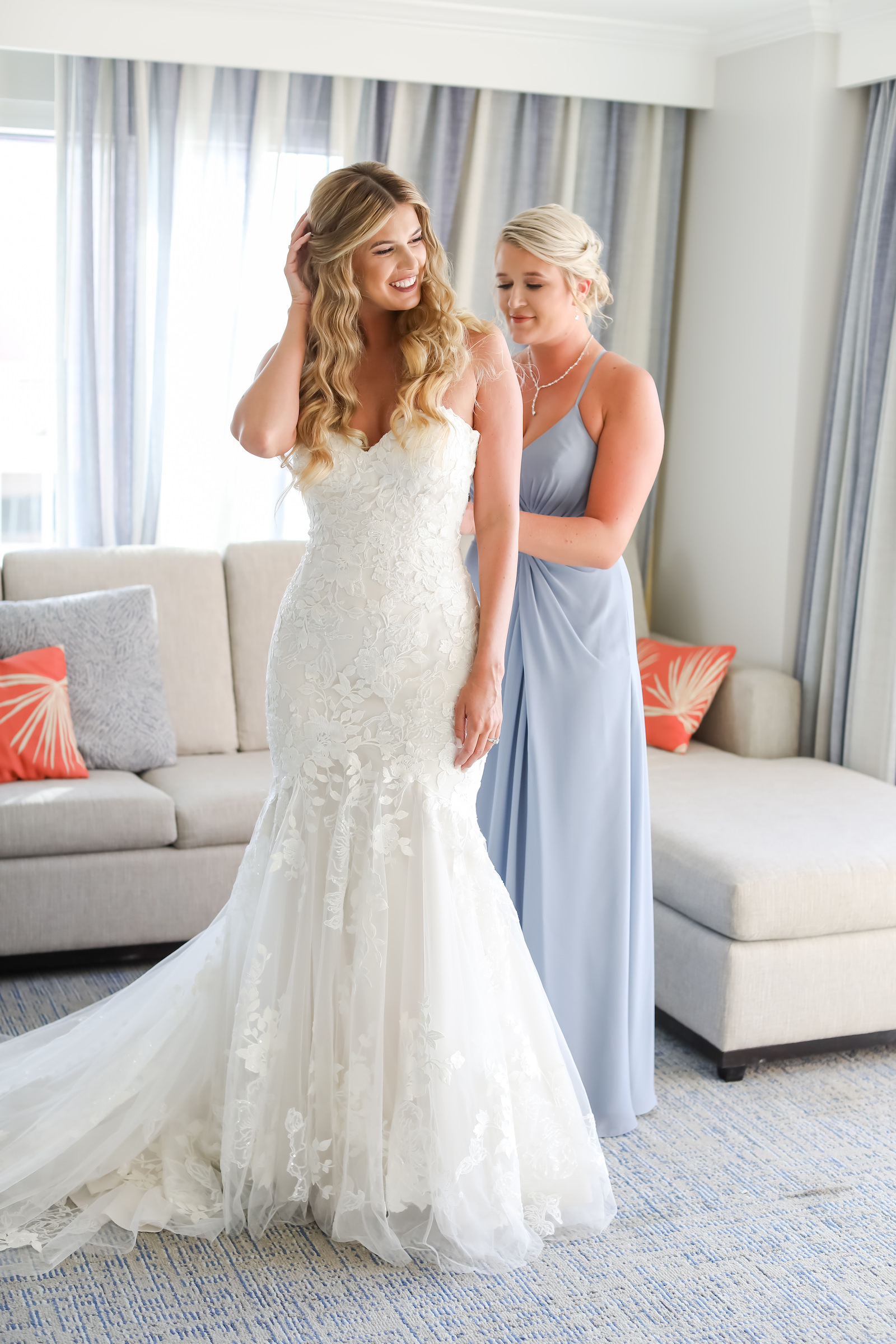 Bride Getting Dressed and Ready | Strapless Lace Sweetheart Mermaid Wedding Dress Bridal Gown | Lifelong Photography Studio