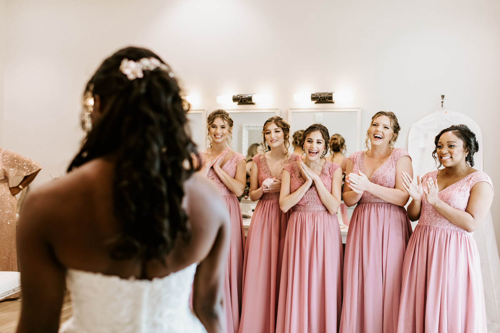 Bride and Bridesmaids First Look | Blush Pink Dusty Rose Mauve Floor Length Lace Chiffon Bridesmaid Dress Gowns by JJ's House