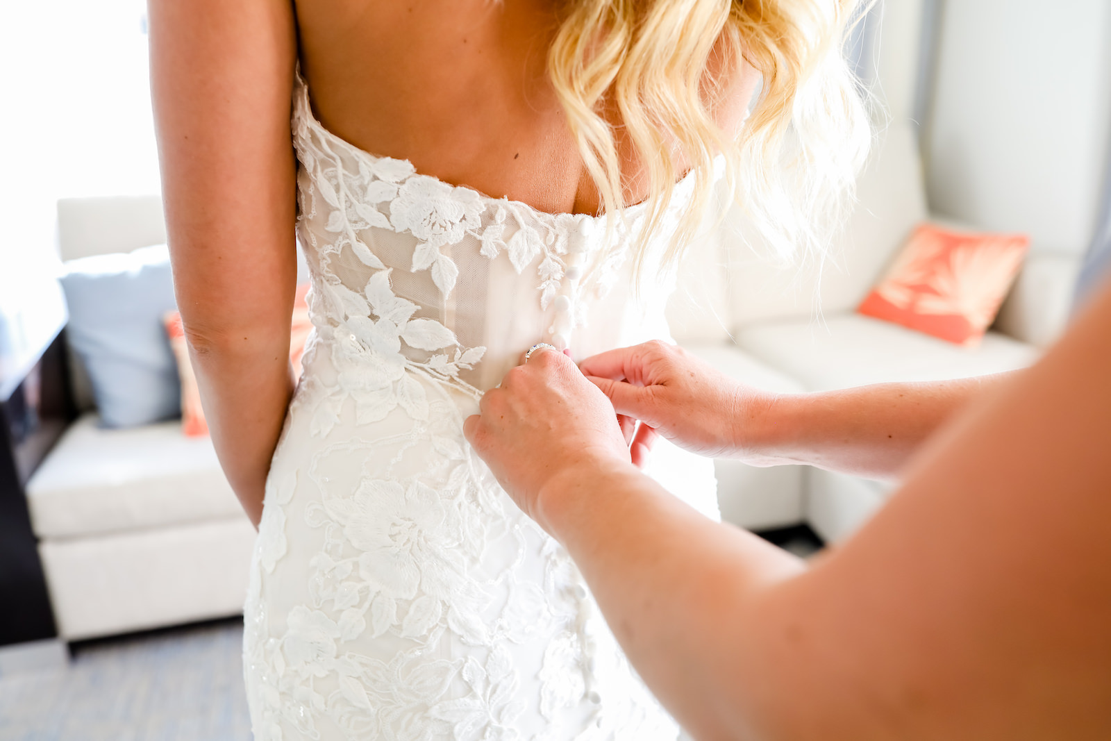 Bride Getting Dressed and Ready | Strapless Lace Sweetheart Mermaid Wedding Dress Bridal Gown