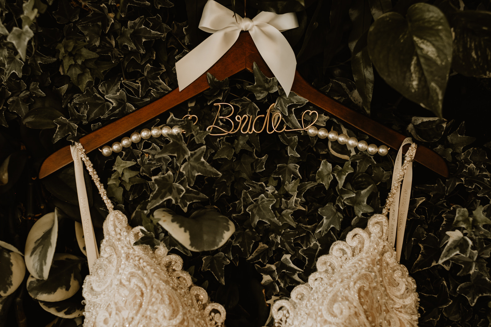 Wedding Dress Hanger Shot | Special Custom Bridal Hanger with Pearls and Ribbon