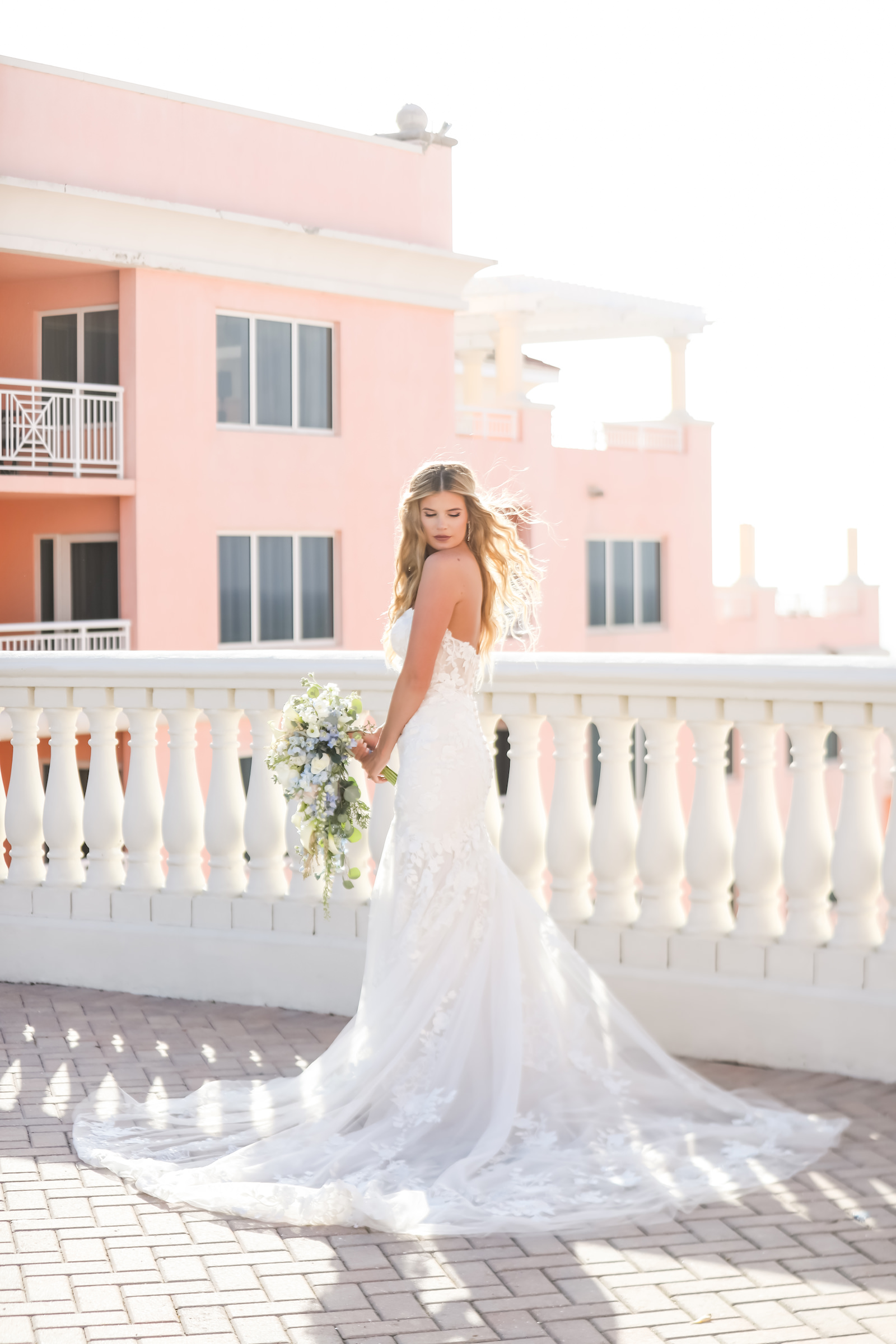 Outdoor Bridal Portrait at Clearwater Wedding Venue Hyatt Regency Clearwater Beach | Strapless Lace Sweetheart Mermaid Wedding Dress Bridal Gown | Lifelong Photography Studio