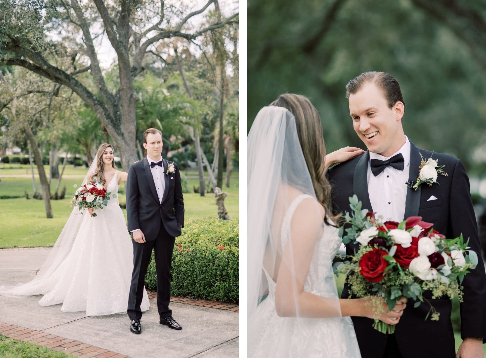 Outdoor Bride and Groom First Look Portrait | V Back Embroidered Illusion Panel Allure Couture Designer Wedding Dress Bridal Gown with Long Cathedral Veil | Fall Wedding Bridal Bouquet with Red and White roses and Eucalyptus Greenery | Groom in Classic Black Suit Tux with Bow Tie