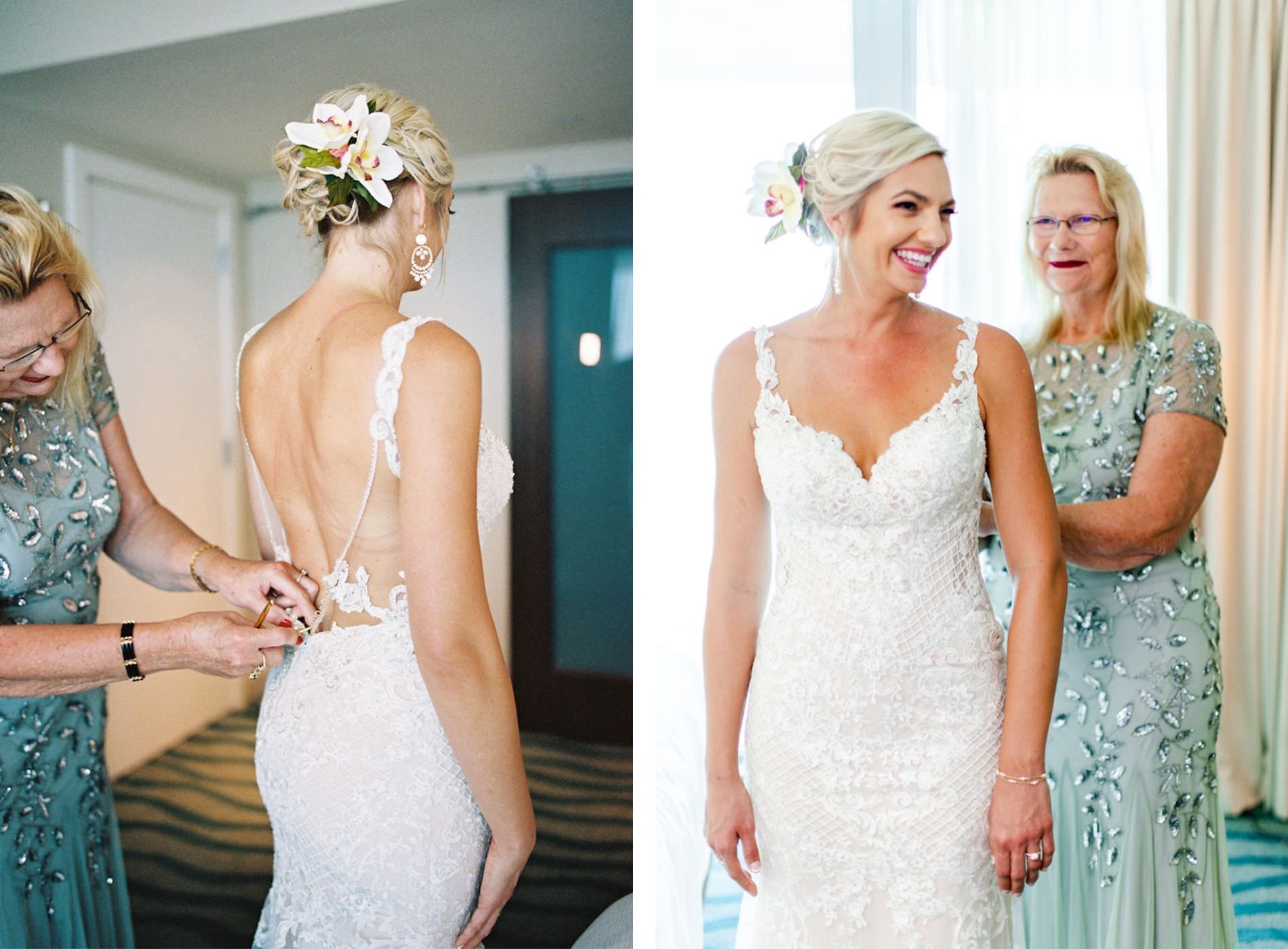 Tropical Elegant Bride Getting Ready Photo with Mom in Aqua Blue Dress Zipping Bride's Dress, Lace, V Neckline, Tank Top Straps, Low Open Back Wedding Dress, Tropical White Orchid in Updo Hair