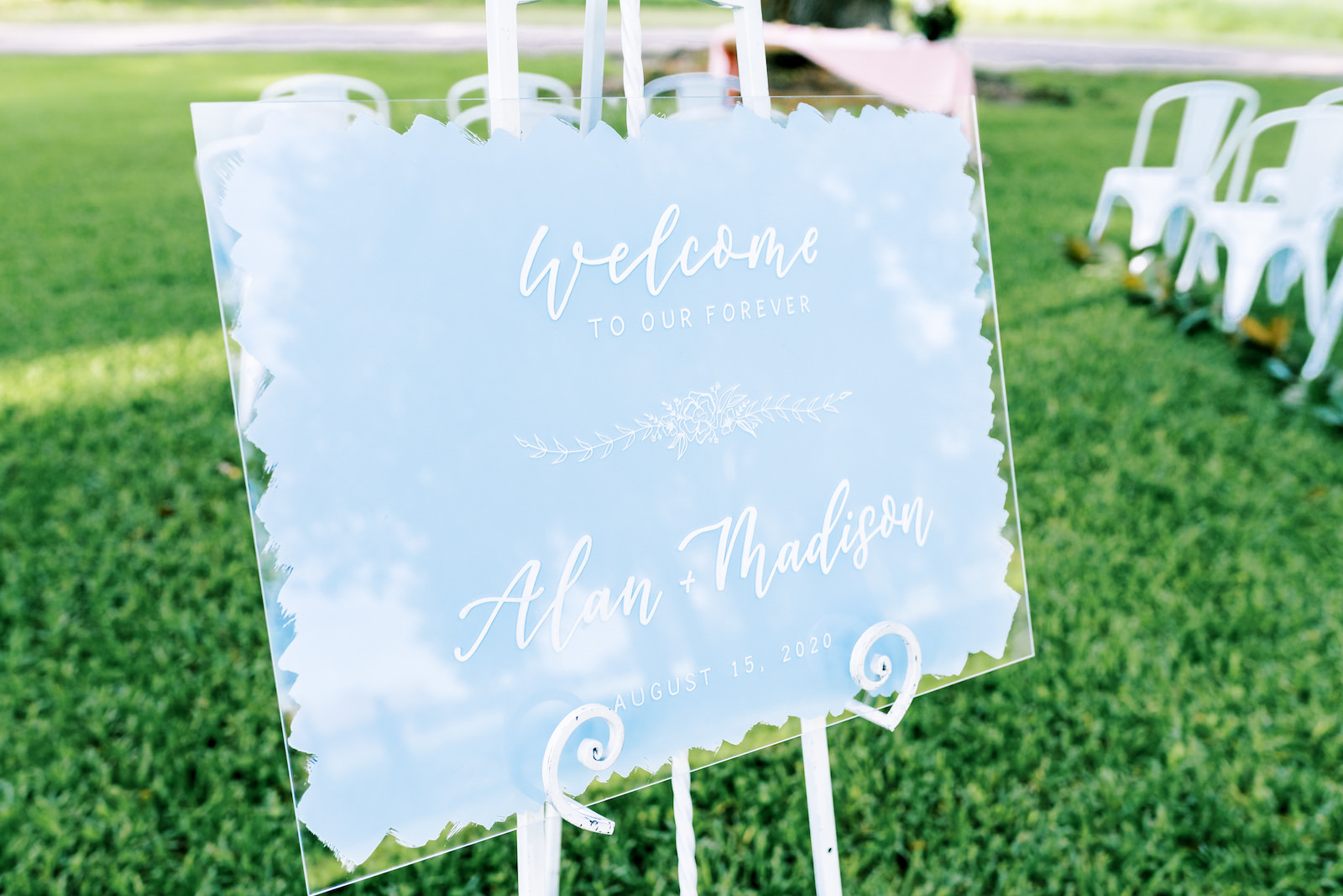 Elegant Outdoor Florida Wedding Ceremony Signage, Light Blue Acrylic Welcome Sign | Tampa Bay Luxury Wedding Planner EventFull Weddings