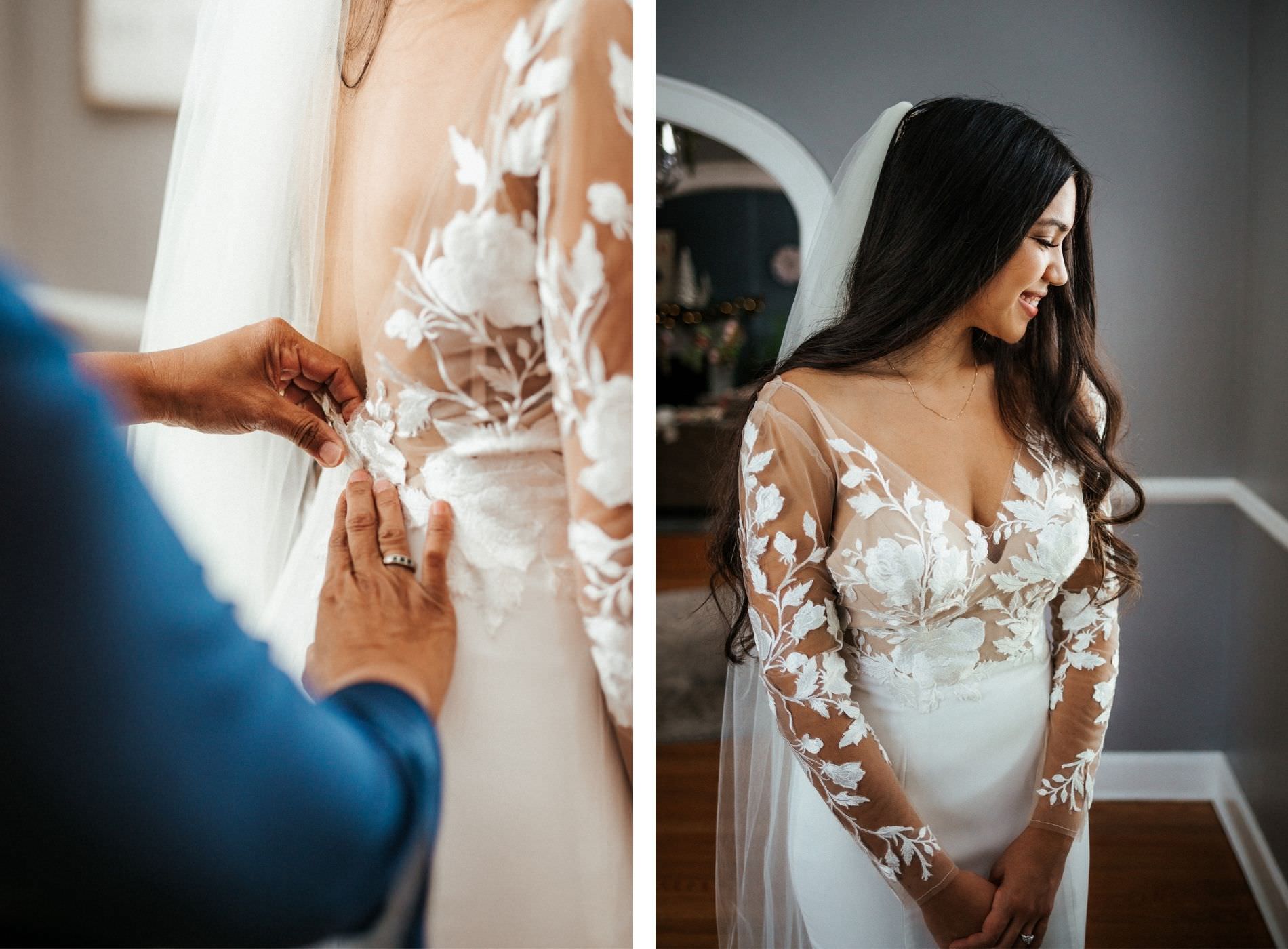 Tampa Bay Bride Wearing White BHLDN Fit and Flare Wedding Dress with Illusion Lace Long Sleeves