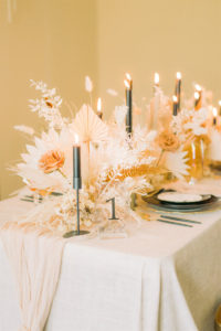 Trendy Modern Boho Wedding Reception Tablescape Decor, Dried Preserved Flower Bouquets, White Feathers, Foliage, Black Taper Candlesticks, Black Chargers, Black and Gold Silverware, White Linens, Custom Stationery | Tampa Bay Wedding Planning, Stationery, Design, Florals John Campbell Weddings | Tabletop Wedding Rentals Kate Ryan Event Rentals | Styled Shoot