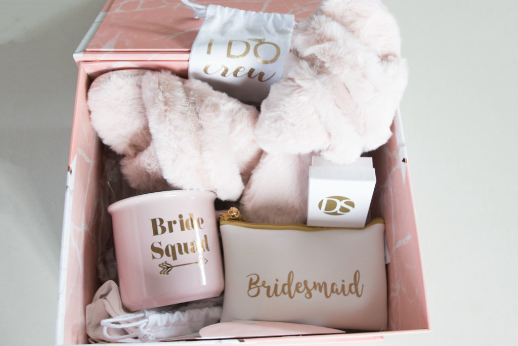 Bridesmaid Gift Box with Bride Squad Coffee Mug and Pink Fuzzy Slippers and Bridesmaid Makeup Bag