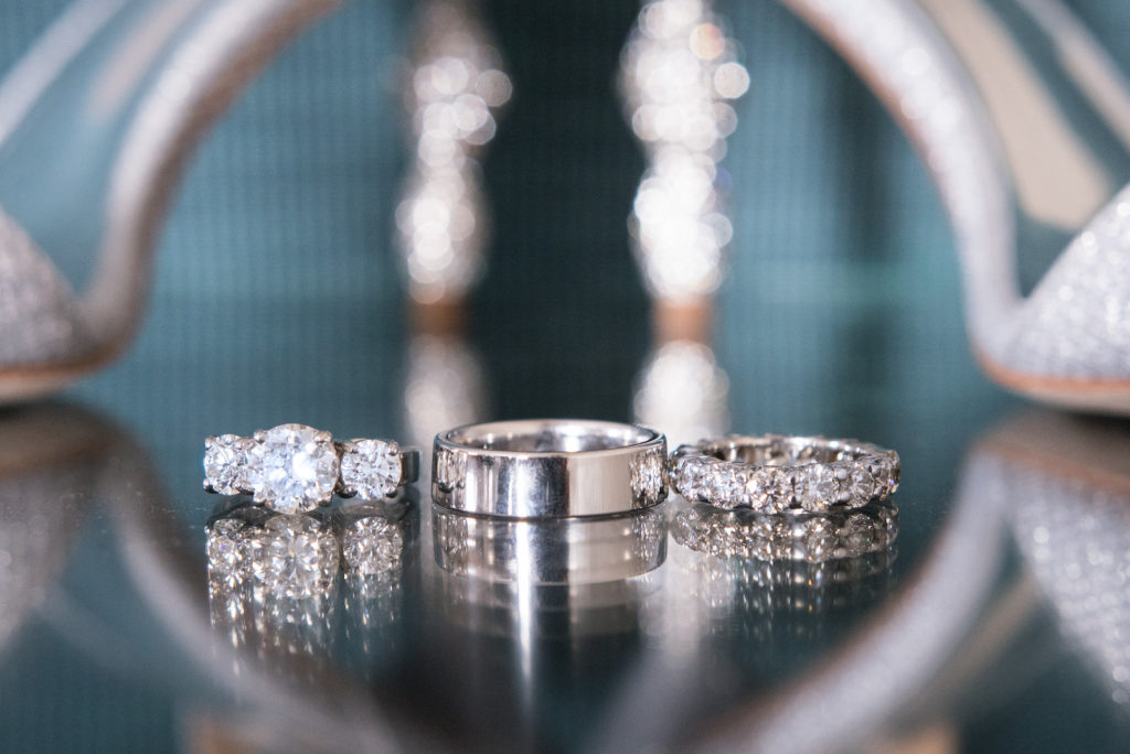 Wedding Ring Shot | Platinum Silver Men Wedding Band with Three Round Diamond Engagement Ring and Channel Set Diamond Band