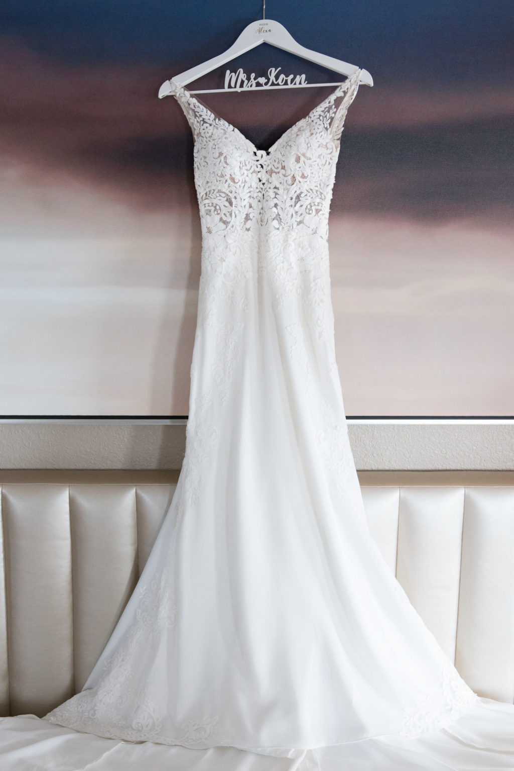 Wedding Dress Hanger Shot | Stella York Designer Illusion Lace V Neck Sheath Chiffon Satin Wedding Dress Bridal Gown
