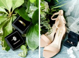 Neutral Greenery Tampa Wedding Accessories Photo Shot | Lulu's Champagne Bridal Heels Shoes | Wedding Ring Shot in Black Velvet Box with Greenery Bouquet | Oval Solitaire Diamond Engagement Ring with Channel Set Diamond Band and Yellow Gold Men's Wedding Band