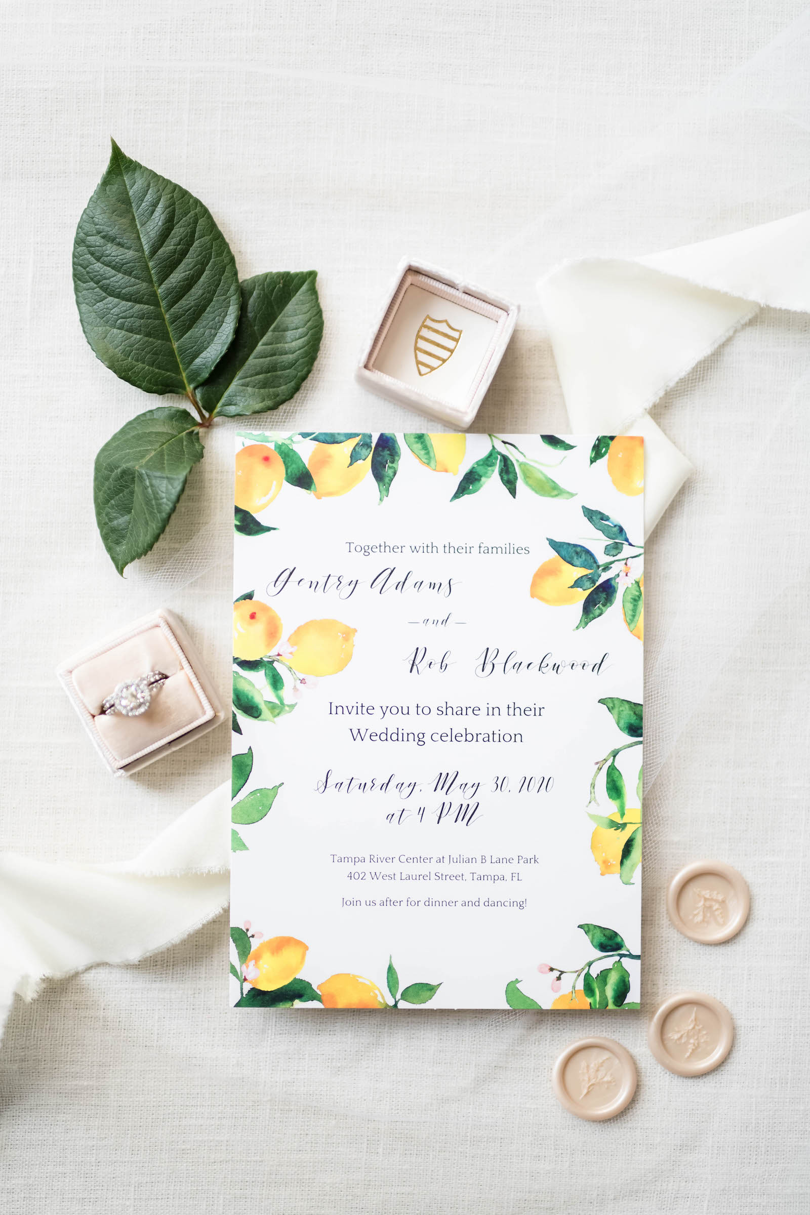 Southern Citrus Lemon Watercolor Wedding Invitation, Engagement Ring in The Mrs Ring Box
