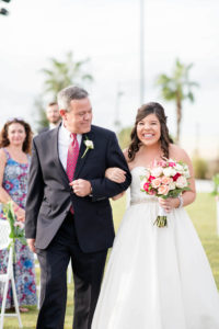 Happy Emotional Bride Walking Down the Wedding Ceremony Aisle with Father in Strapless A-Line Wedding Dress with Pink and White Roses Floral Bouquet | Tampa Bay Wedding Hair and Makeup Adore Bridal | Blogger Girl Meets Bow