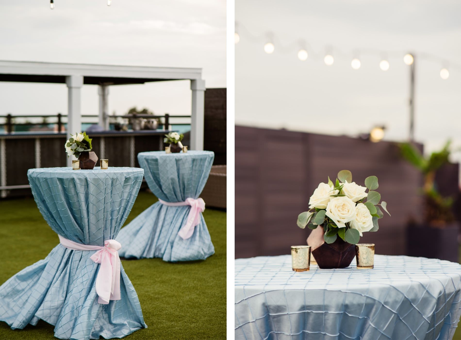 Boho Tropical Rooftop Wedding Reception Decor, Cocktail Tables with Baby Blue Linens, Small Floral Centerpieces, White Roses with Eucalyptus, Gold Mercury Candle Votives | Tampa Bay Wedding Planner Perfecting the Plan | Wedding Florist Iza's Flowers | St. Pete Waterfront Wedding Venue The Hotel Zamora