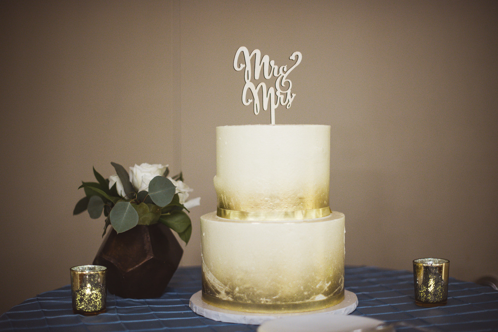 Elegant Two Tier White and Gold Painted Wedding Cake with Custom Cake Topper | Tampa Bay Wedding Baker The Artistic Whisk