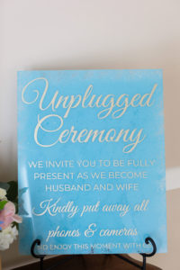 Acrylic Unplugged Wedding Ceremony Sign with Dusty Blue and Gold Calligraphy